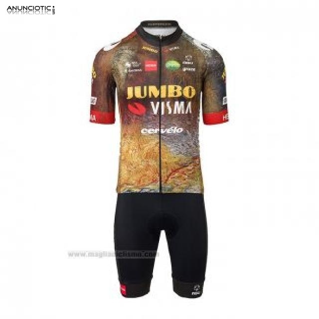 2022 Abbigliamento Ciclismo Jumbo Visma Nero Arancione Manica Corta e Salop