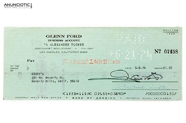 Talón del bank of america del actor glenn ford.