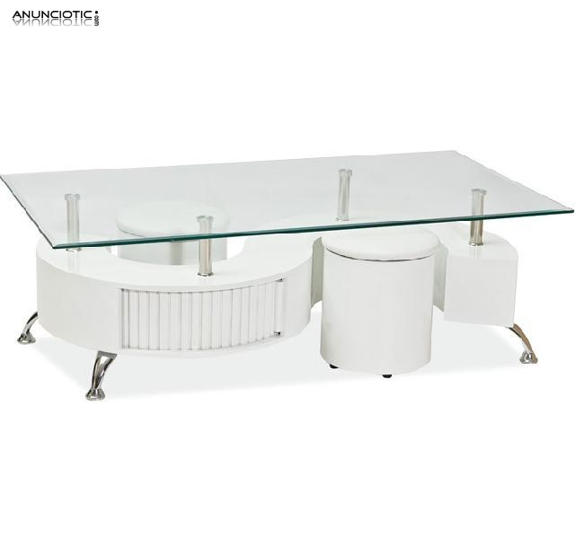 Mesa de centro jarama blanca 130x70 cm. + dos pufs